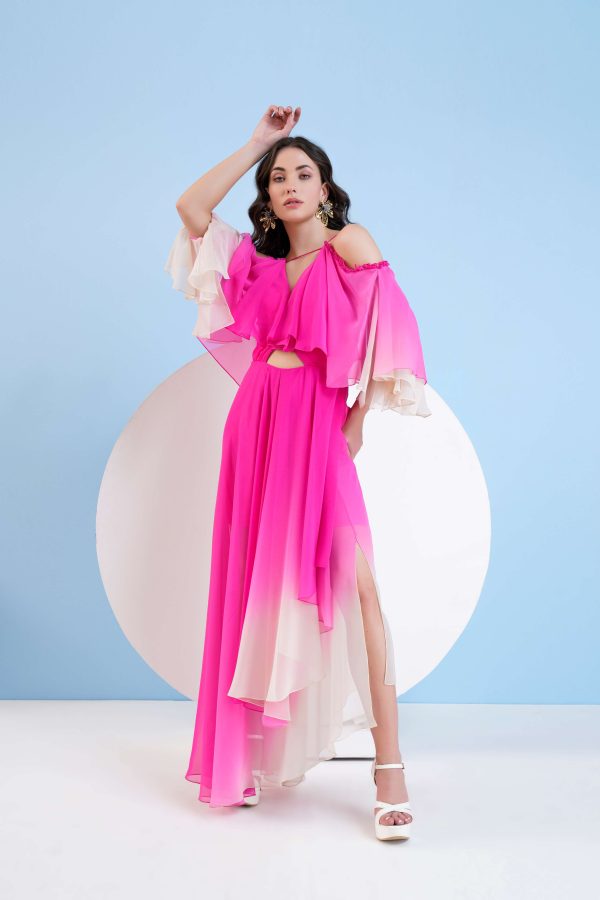 PINK OMBRE HIGH LOW DRESS WITH SHOULDER CUTOUT AND FLARED SLEEVE Online