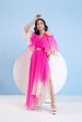 PINK OMBRE HIGH LOW DRESS WITH SHOULDER CUTOUT AND FLARED SLEEVE Online