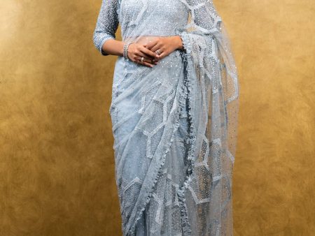 POWDER BLUE TULLE PATCHWORK SAREE Online now