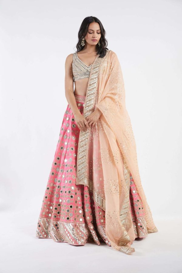 candy pink skirt, light green blouse, peach dupatta Sale