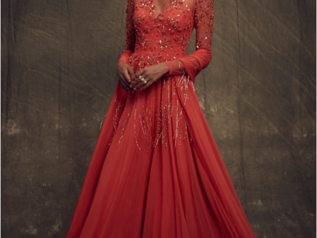 Coral full sleeve self embelished gown w  tassles + wire beaded net dupatta Hot on Sale