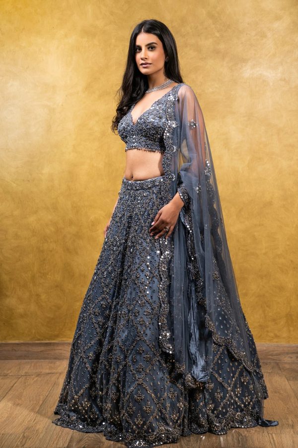 CHARCOAL GREY TULLE LEHENGA Discount