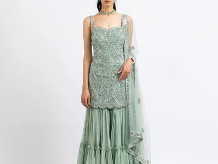 JADE GREEN TULLE SHIRT WITH LAYERED SHARARA Online Sale