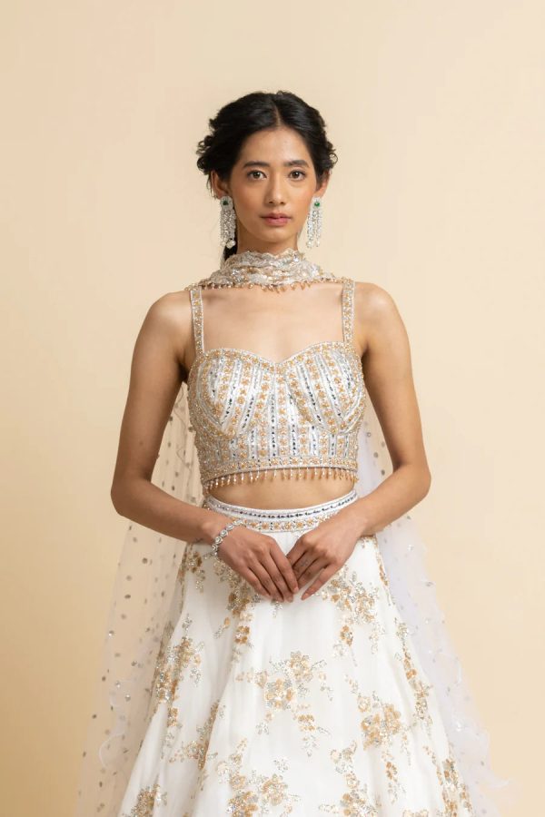 OFF WHITE EMBROIDERED LEHENGA WITH BUSTIER AND STYLISED DUPATTA Cheap