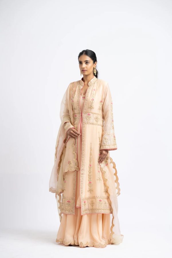 PEACH ORGANZA JACKET AND DUPATTA For Sale