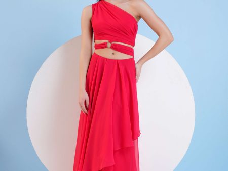 RED ONE SHOULDER HIGH LOW DRESS WITH WAIST CUTOUT Online Hot Sale