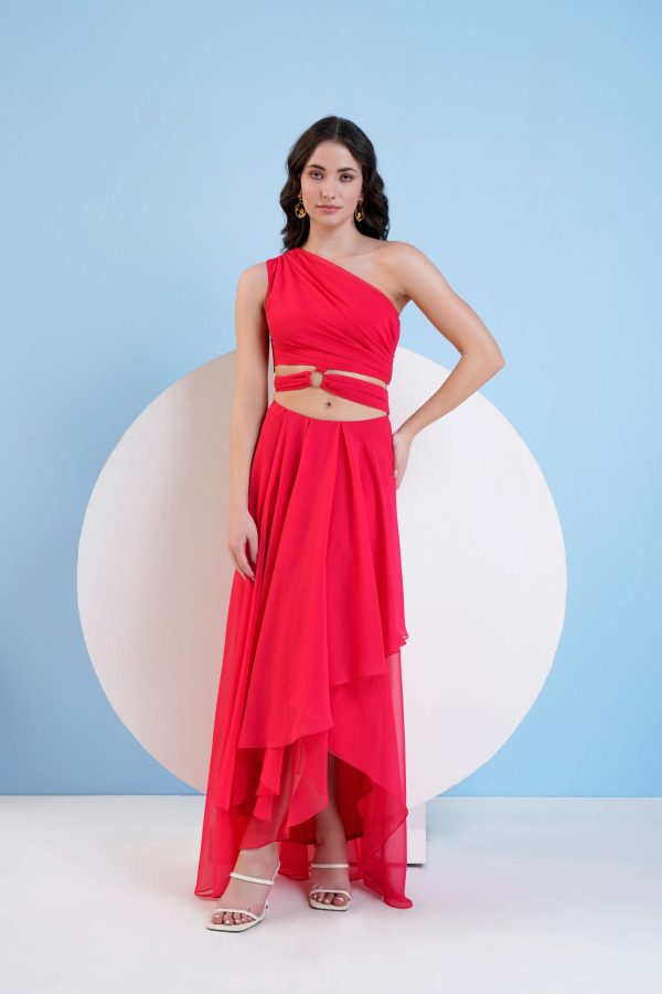 RED ONE SHOULDER HIGH LOW DRESS WITH WAIST CUTOUT Online Hot Sale