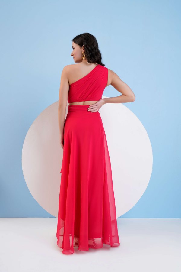 RED ONE SHOULDER HIGH LOW DRESS WITH WAIST CUTOUT Online Hot Sale