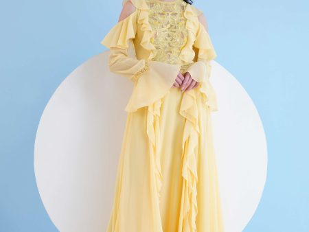 YELLOW LONG DRESS WITH SHOULDER CUTOUT AND LACE DETAIL For Discount