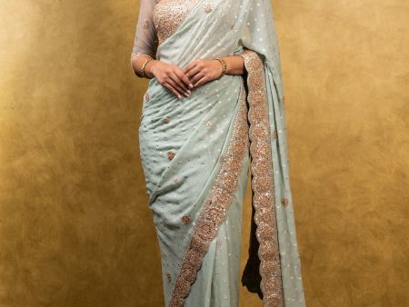 JADE GREEN CHIFFON BOOTI SAREE Discount