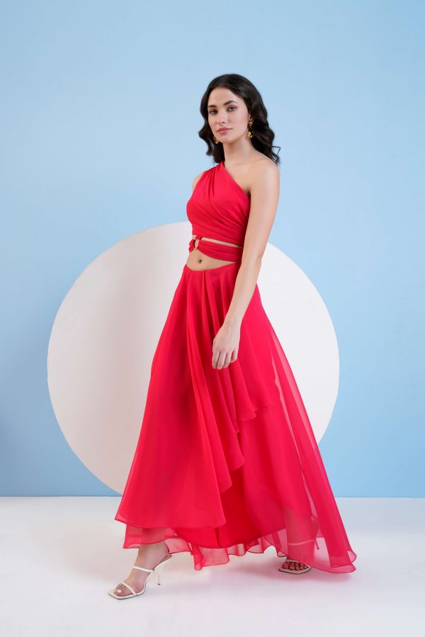 RED ONE SHOULDER HIGH LOW DRESS WITH WAIST CUTOUT Online Hot Sale