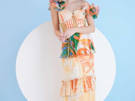 MYSTERIOUS TROPIC PRINTED TIERED DRESS WITH CORSAGE SLEEVES Cheap