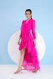 DARK PINK HIGH LOW WRAP DRESS WITH ELASTICATED SLEEVES AND FRINGED HEMLINE For Sale