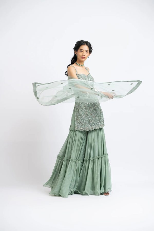 JADE GREEN TULLE SHIRT WITH LAYERED SHARARA Online Sale