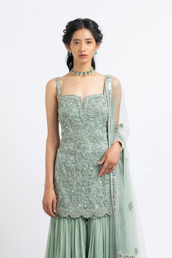 JADE GREEN TULLE SHIRT WITH LAYERED SHARARA Online Sale