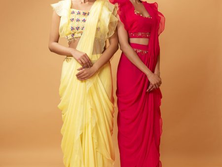 YELLOW RUFFLE SAREE WITH LACE. For Cheap