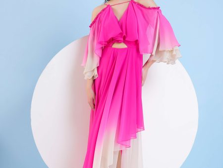 PINK OMBRE HIGH LOW DRESS WITH SHOULDER CUTOUT AND FLARED SLEEVE Online