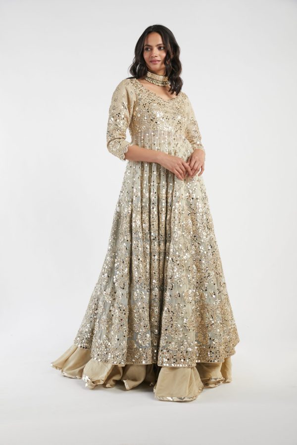 Beige And Golden Embelished Lehenga Set For Sale