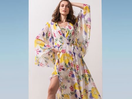 Chiffon Printed Long Dress With Cowled Neckline Discount