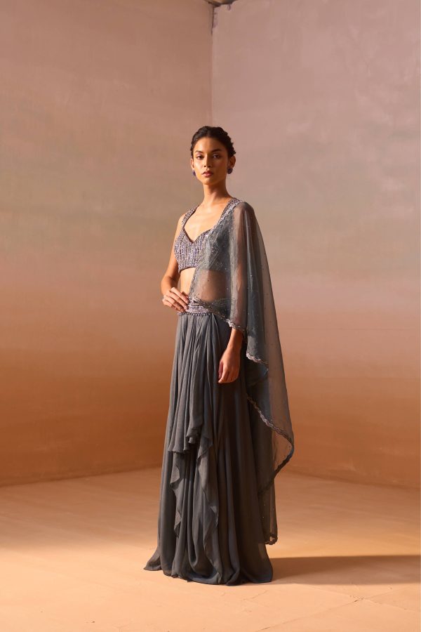 GREY SHIMMER DRAPED SAREE Fashion