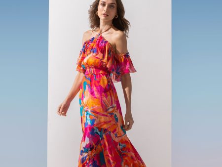 Chiffon Printed Asymmetric Dress With Halter Neck & Chain Neck Tie-Up For Cheap