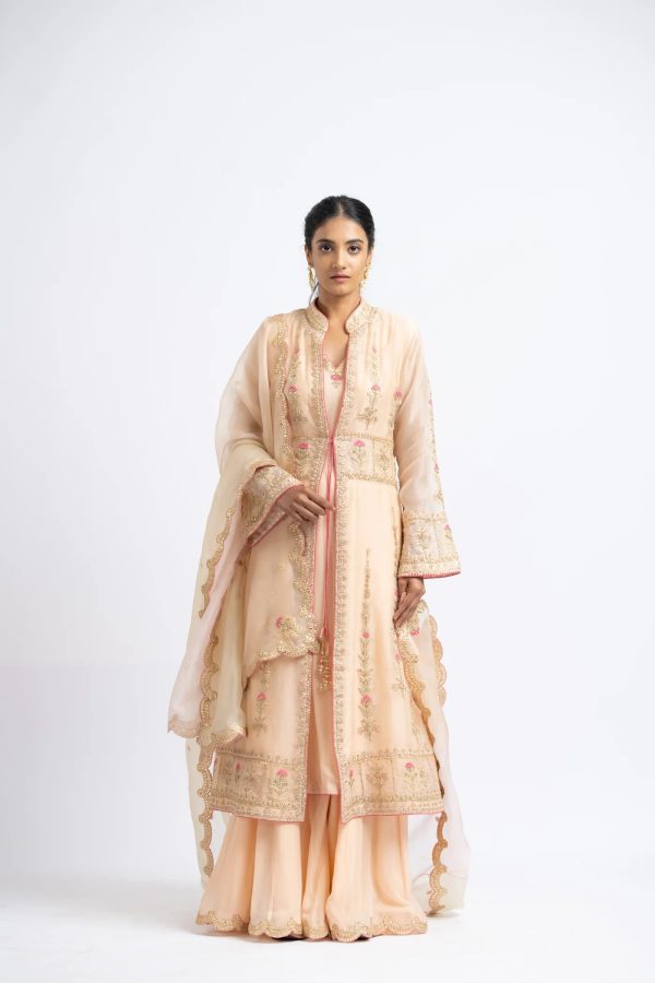 PEACH ORGANZA JACKET AND DUPATTA For Sale