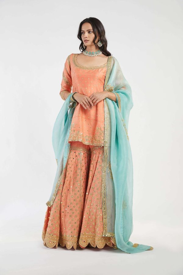 Orange and Blue Embellished Sharara Set Cheap