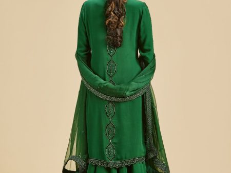 BOTTLE GREEN VELVET APPLIQUE SHARARA SET Online now