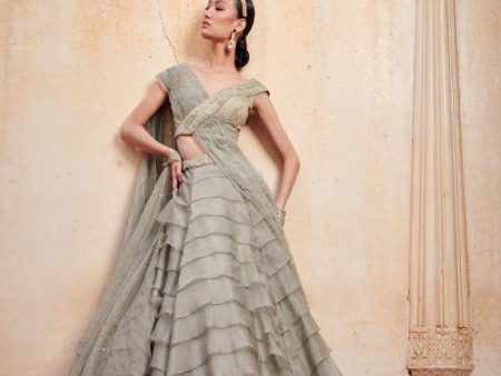 Olive green layered lehenga Online Hot Sale