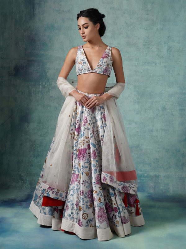 A Printed Cotton Silk Lehenga Set With Organza Dupatta Online