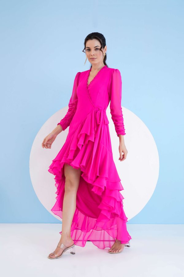 DARK PINK HIGH LOW WRAP DRESS WITH ELASTICATED SLEEVES AND FRINGED HEMLINE For Sale