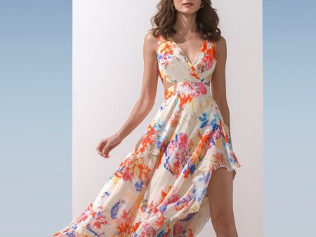 Chiffon Printed Overlapped Neckline Dress on Sale