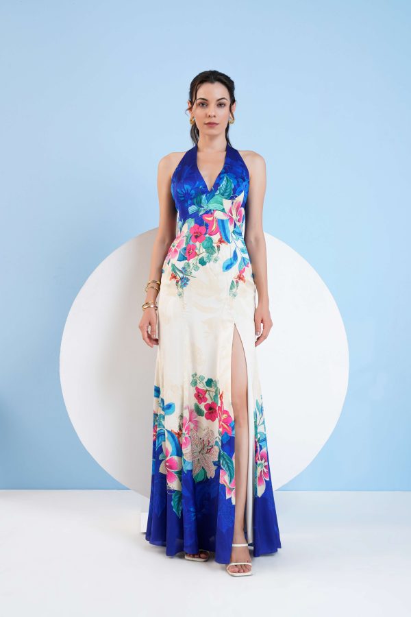 FLORAL EXPRESSION PRINTED HALTER NECK DRESS WITH SLIT Sale