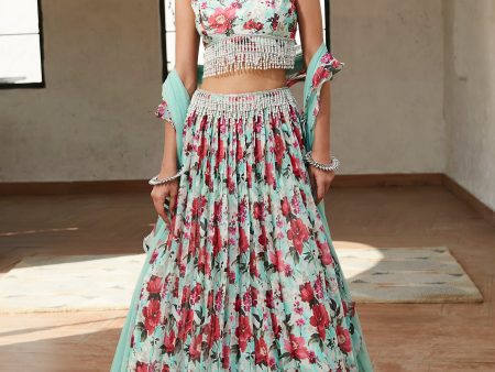 Green Floral Lehenga Set Discount