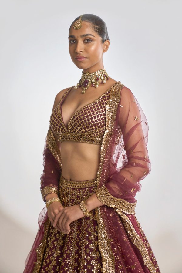 Wine Gold Lehenga Set For Sale