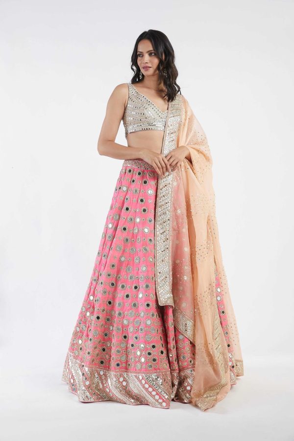 candy pink skirt, light green blouse, peach dupatta Sale