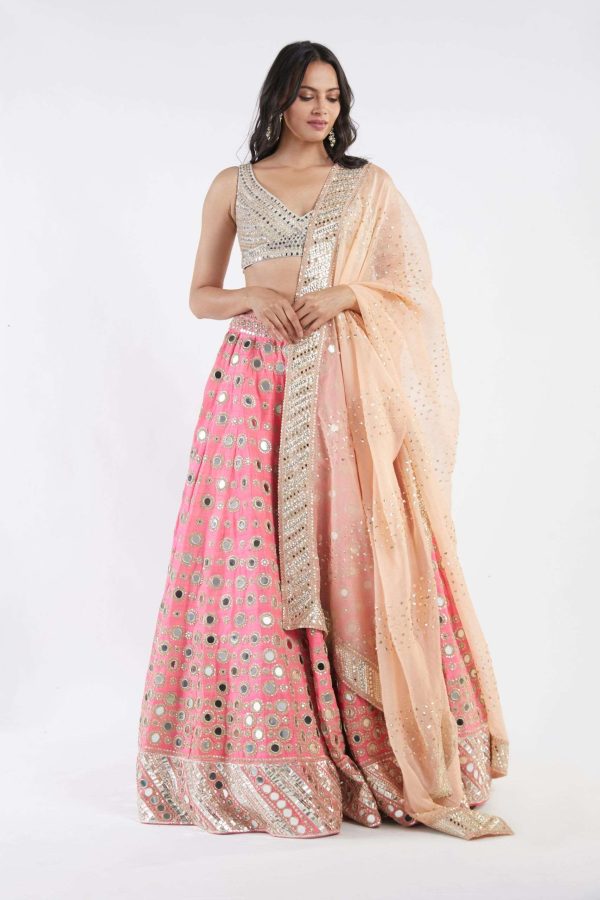 candy pink skirt, light green blouse, peach dupatta Sale