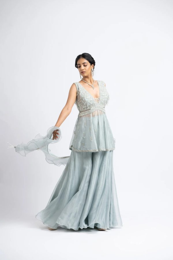 Grey Blue Organza Peplum Sharara Set. Supply