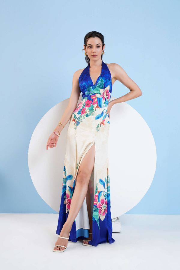 FLORAL EXPRESSION PRINTED HALTER NECK DRESS WITH SLIT Sale