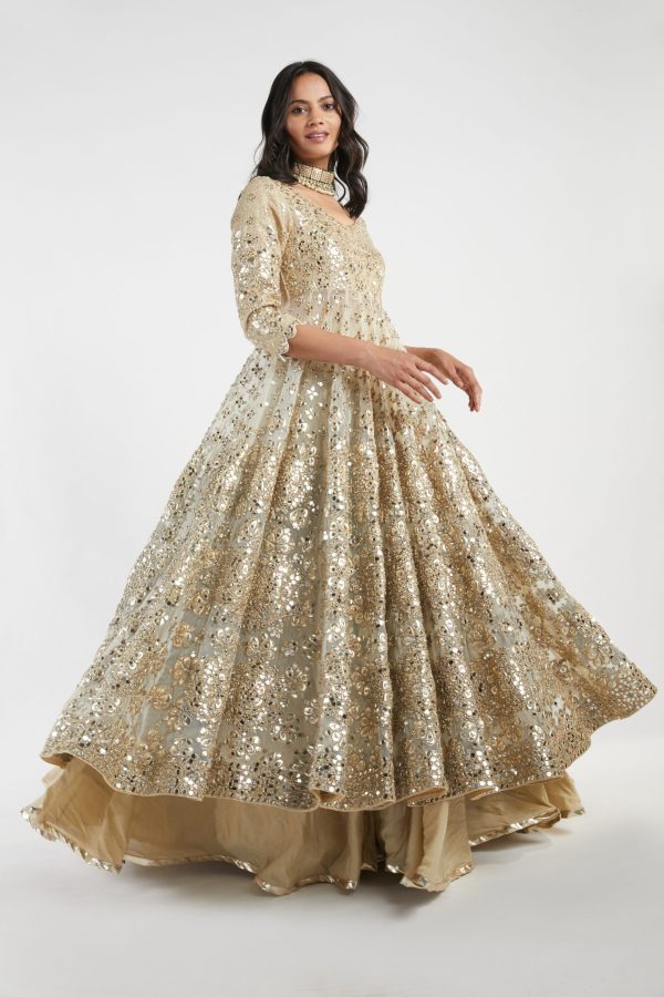 Beige And Golden Embelished Lehenga Set For Sale