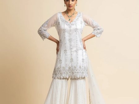 OFF WHITE TULLE SHIRT AND DUPATTA WITH MOKAISH GARARA Online now