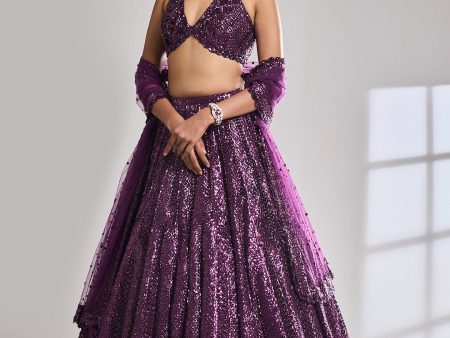 Burgundy Sequin Lehenga Set Cheap