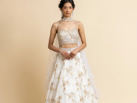 OFF WHITE EMBROIDERED LEHENGA WITH BUSTIER AND STYLISED DUPATTA Cheap