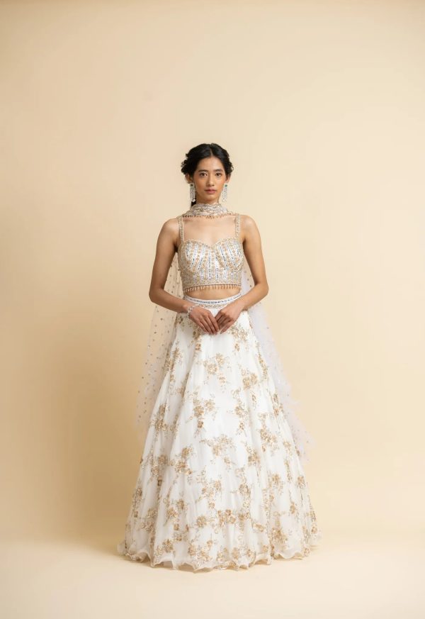 OFF WHITE EMBROIDERED LEHENGA WITH BUSTIER AND STYLISED DUPATTA Cheap