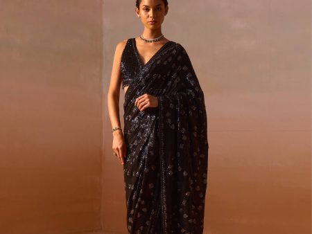 BLACK AND SILVER GREY GEOMETRICAL SAREE For Cheap