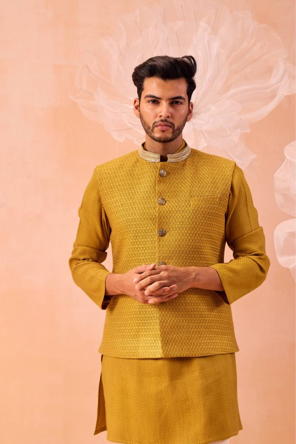 Mustard Quartz Nehru Jacket Set Sale