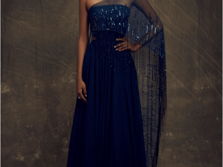 Dark teal blue off shoulder cut-out gown with attached embellished one shoulder net drape Sale