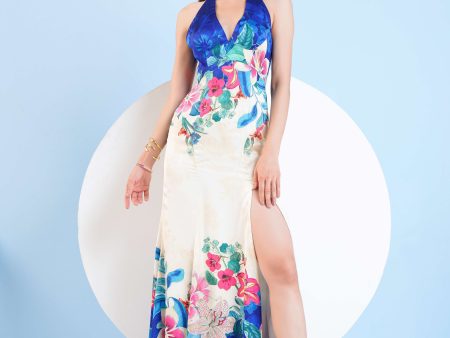 FLORAL EXPRESSION PRINTED HALTER NECK DRESS WITH SLIT Sale