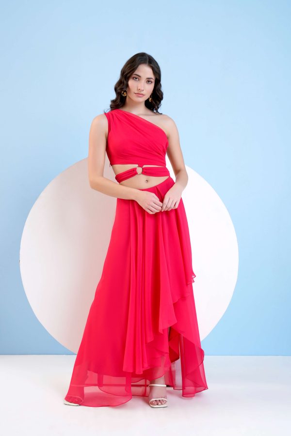 RED ONE SHOULDER HIGH LOW DRESS WITH WAIST CUTOUT Online Hot Sale