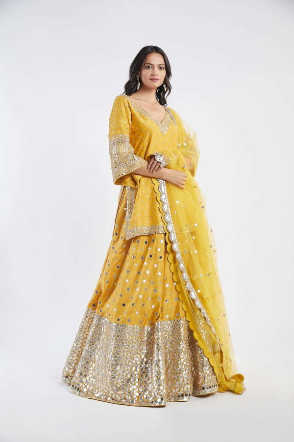 Yellow Kurta Blue Dupatta And Rani Pink Embellished Sharara Set Sale